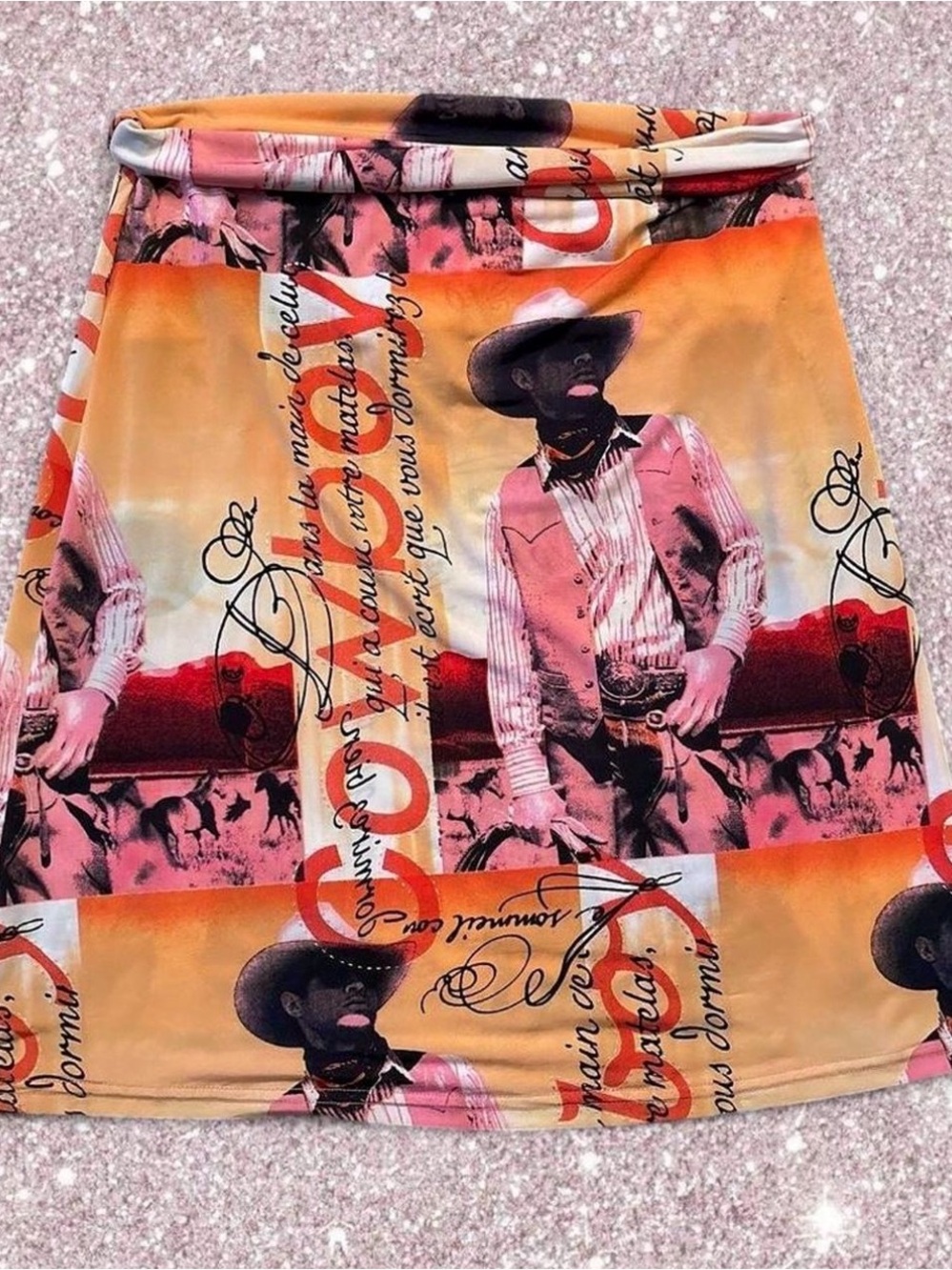 Abstract Western Print Satin A-Line Skirt - Orange & Pink